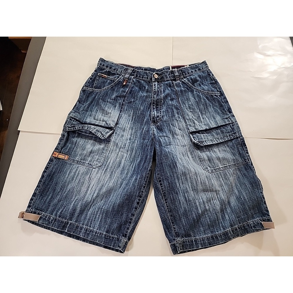 Vtg Phat Farm Shorts Mens 38 Wide Leg Baggy Jean Blue Denim Long Embroidered Y2K